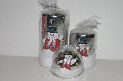 +MBA #S30-357  "Set Of 3 Silver Shimmering Snowman Holiday Candles"