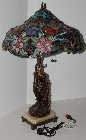 Lamps #0018  "2004 Beautiful Tiffany Style Floral Peacock Base Stained Glass Lamp"