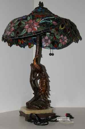 Lamps #0018  "2004 Beautiful Tiffany Style Floral Peacock Base Stained Glass Lamp"