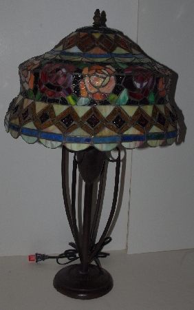 LAMPS II #0296  "2003 Tiffany Style Stained Glass  Roses & Cabachons Table Lamp"