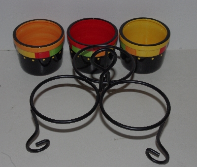 +MBA #1313-114   "Ceramic Multi Colored Triple Server With Metal Stand"