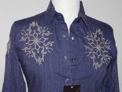 +MBA #1515-0047  "90 Proof By Panhandle Slim Ladies Blue Embroidered Western Shirt"