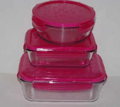 +MBA #2626-0067  "Set Of 3 Pink Lid Glass Lock & Lock Containers"