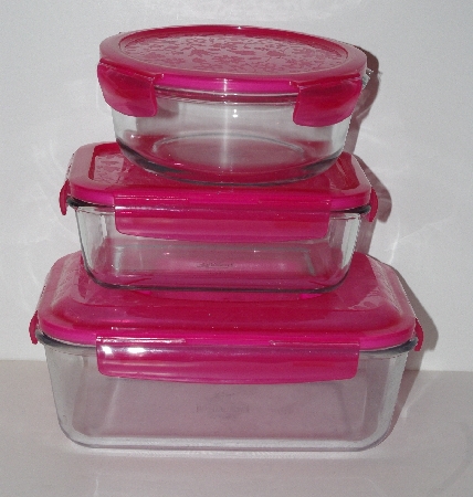 +MBA #2626-0067  "Set Of 3 Pink Lid Glass Lock & Lock Containers"
