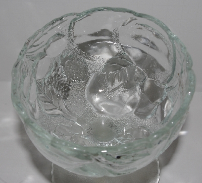 +MBA #2727-0401  "1980's Set Of 4 Clear Glass Fruit Patterned Large Stemed Desert Dishes" 