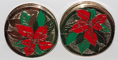 MBA #2727-0390   "1990's Set Of 8 Hand Painted Poinsettia Brass Coasters"