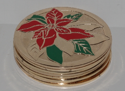 MBA #2727-0390   "1990's Set Of 8 Hand Painted Poinsettia Brass Coasters"