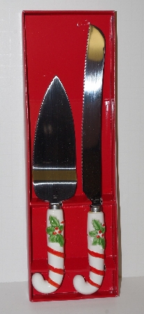 MBA #2727-318  "1980's Home For The Holidays Christman Ceramic Handled Knife & Server Set"