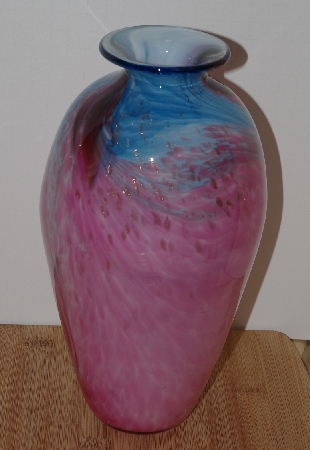 +MBA #2828-518   "2007 Fancy Pink & Blue Art Glass Hand Made Vase"