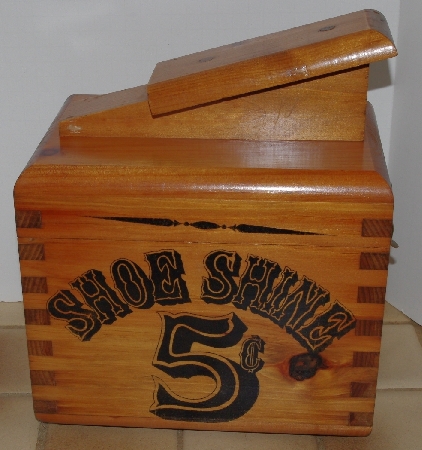 +MBA #2828-250   "1980's 5 Cent Wooden Shoe Shine Box With Brushes"