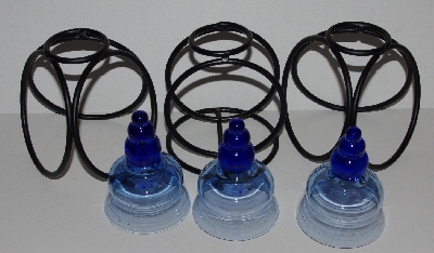 +MBA #2828-184   "Set Of 3 Fancy Blue Glass With Metal Stands Votive Candle Holders" 