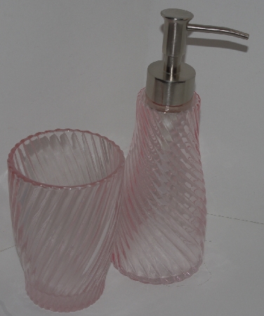 +MBA #2828-0001   "Pink Glass Hand Soap  Dispenser & Matching Drinking Glass""