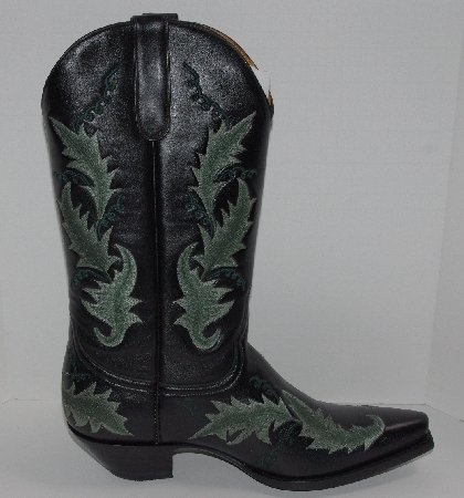 +MBA #2929-0129   "The Manuel Collection Limited Edition Black Leather /Green Leaves Embroidery Cowboy Boots"