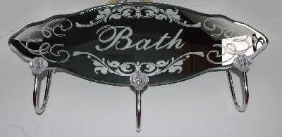 +MBA #2929-0145  "Fancy Shaped Bathroom Etched Mirror With 3 Hanging Hooks"