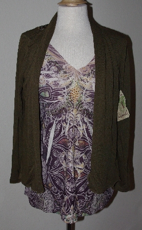 +MBA #2929-270   "One World Olive Sweater Knit 3/4 Sleeved Embelished Top With lace Back Cardigan Set"