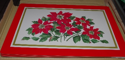 MBA #3030-262  "Set Of 4 Wooden Corked Backed  Red Poinsettia Place Mats"