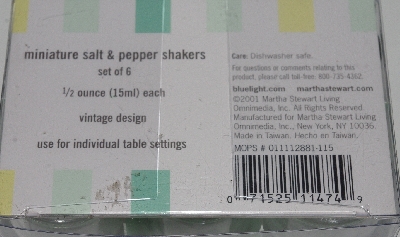 +MBA #3030-250   "2001 Set Of 6 Martha Stewart Mini Glass Salt & Pepper Shakers"
