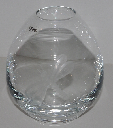 +MBA #3030-509   "Set Of 2 Krorno Glass Dragonfly Etched Egg Shaped Vases"