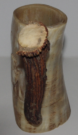+MBA #3333-194   "1980's Cow Horn Carved Elk Mug With Deer Antler Handle"