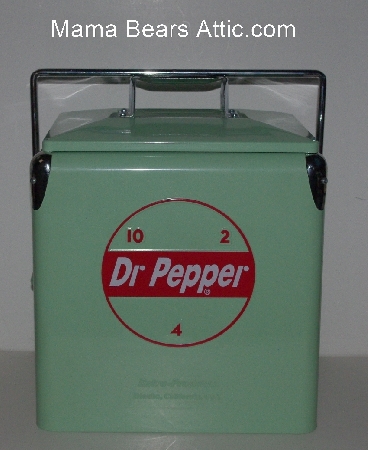 +MBA #3434-351   "Retro Products Green With Red Lettering Doctor Pepper All Steel 6-Pack Cooler"