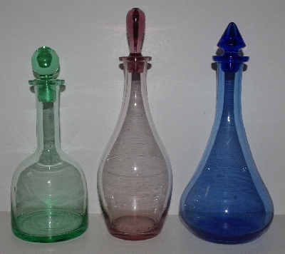 +MBA #3434-0034  "Set Of 3 Green, Purple & Blue Glass Decanters With Glass Stopper"