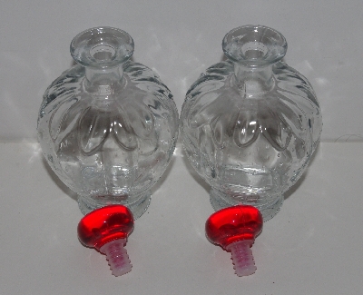 +MBA #3535-1080   "1990's Set Of 2 Strawberry Shaped & Embossed Clear Glass Decantors With Stoppers"