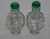 +MBA #3535-1084  "1990's Set Of 2 Clear Glass Strawberry Shaped & Embossed Decantor Bottles With Green Stoppers"