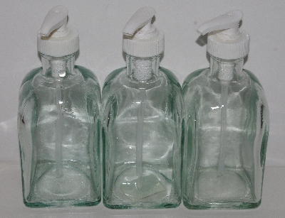 +MBA #3535-1089   "2003 Set Of 3 Riekes Spanish Green Glass Square Dispenser Bottles With Pump"