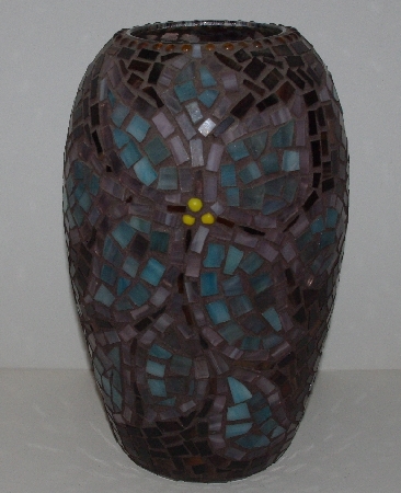 +MBA #3535-975   "Hand Done Blue Poinsettia Mosiac Glass Vase"