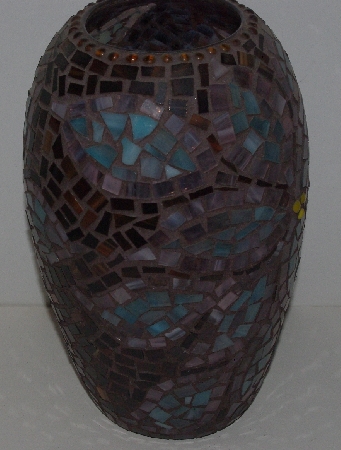 +MBA #3535-975   "Hand Done Blue Poinsettia Mosiac Glass Vase"