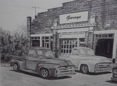 +MBA #3535-149   "2006 Garage 3 Classic Chevy Trucks Pencil Print By Ian E. Jones"