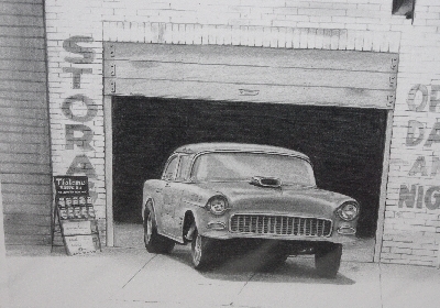 +MBA #3535-155   "Hot Rod Garage 55 Chevy Belair Pencil Print By Artist Ian E. Jones"