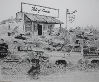 +MBA #3535-161   "Field Of Dreams Hot Rod Pencil Classic Chevy Truck  Junk Yard Pencil Print By Artist Ian E. Jones"