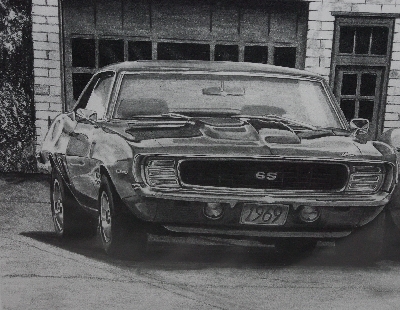 +MBA #3535-167   "Hot Rod Garage 2 Classic Chevy Cameros Signed Pencil Print By Artist Ian E. Jones"