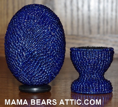 +MBA #4242-1515-  "Dark Blue Glass Seed Bead Egg With Matching Egg Cup"