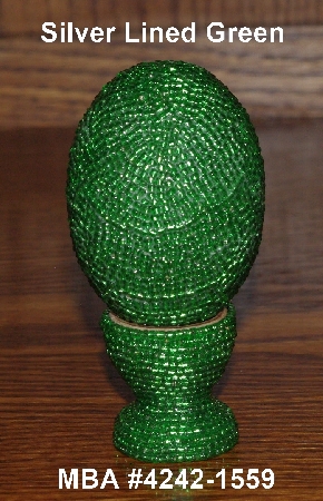 +MBA #4242-1559  "Silver Lined Green Glass Seed Bead Egg With Matching Egg Cup"