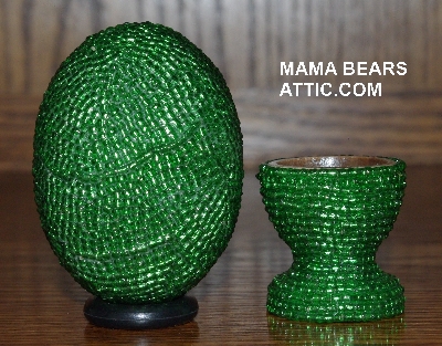 +MBA #4242-1559  "Silver Lined Green Glass Seed Bead Egg With Matching Egg Cup"