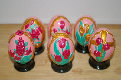+MBA #9-198  1990's Set Of 6 Pink Floral Hand Painted Plaster Eggs