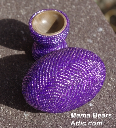 +MBA #5555-0042  "Silver Lined Purple Glass Seed Bead Egg With Matching Egg Cup"