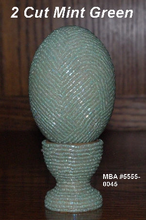 +MBA #5555-0045  "2 Cut Mint Green Glass Seed Bead Egg With Matching Egg Stand"