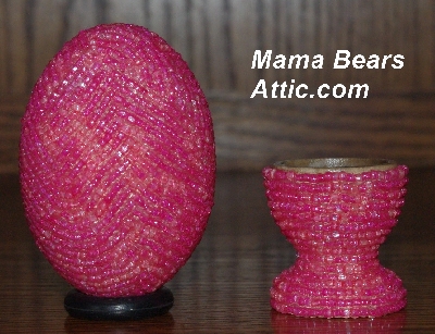 +MBA #5555-0089  "Pink Lined Glass Swwd Bead Egg With Matchuing Egg Cup"