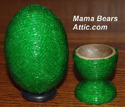 +MBA #5555-0093  "Transparent Green Glass Seed Bead Egg With Matching Egg Cup"