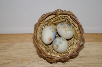 +MBA #9-209  1980's Set Of 3 Hand Painted Ceramic Eggs With Nest