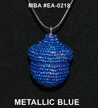 +MBA #EA-218  "Metallic Blue Glass Seed Bead Acorn Pendant"