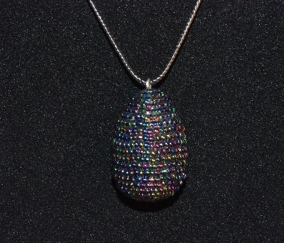 +MBA #EA-185  "Peacock Glass Seed Bead Egg Pendant"