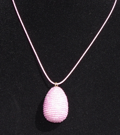+MBA #AE3-0006  "Pink Lined Glass Seed Bead Egg Pendant"