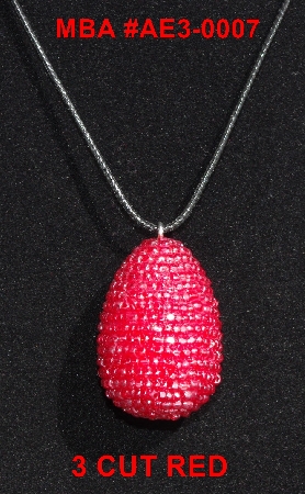 +MBA #EA3-0009  "3 Cut Red Glass Seed Bead Egg Pendant"