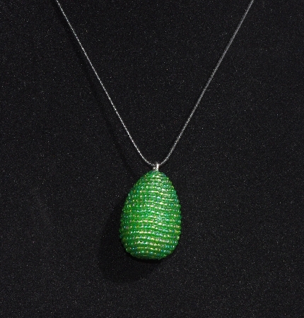 +MBA #AE3-0022  "Deep Green Luster Glass Seed Bead Egg Pendant"