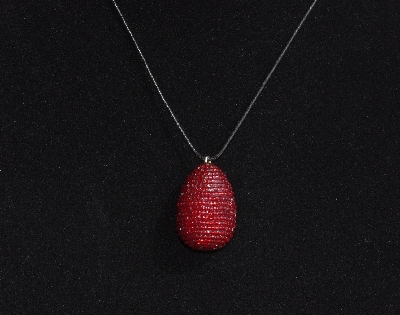 +MBA #AE3-0050  "Ruby Red Glass Seed Bead Egg Pendant"