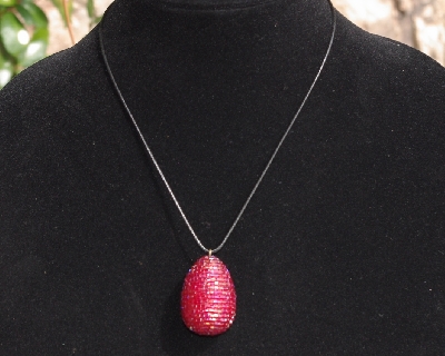 +MBA #AE3-0074  "2 Cut Red Luster Glass Seed bead Egg Pendant"